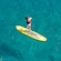 An aerial view of a woman in a life vest on a paddleboard